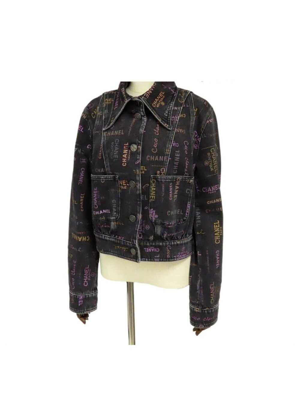 Chanel Denim Jacket Black Cotton Logo Print Top 38